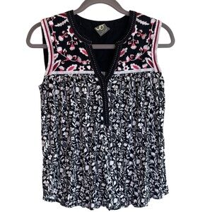 Anthropologie One September Embroidered Tank Top Black White Red Floral Size XS